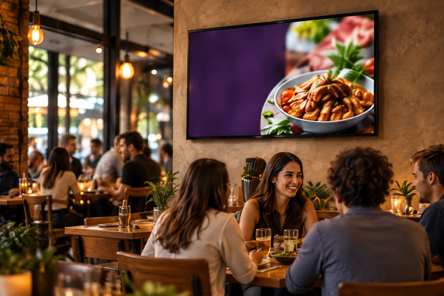 Restaurante ilustrativo com público e uma tela de comunicação digital